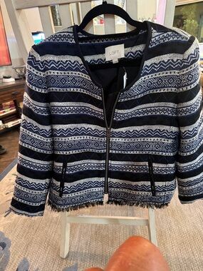 LOFT Black & White Patterned Zip Front Jacket